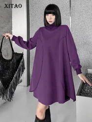 XITAO Turtleneck Split Patchwork Female Dresses Solid Color Pullover Long Sleeve Loose Personality 2024 Autumn All Match HQQ2410