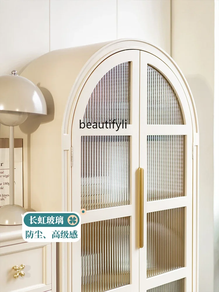 

K185 French Arch with Glass Door Storage Bookcase Living Room Study High Bookshelf Cream Style Display Cabinet
