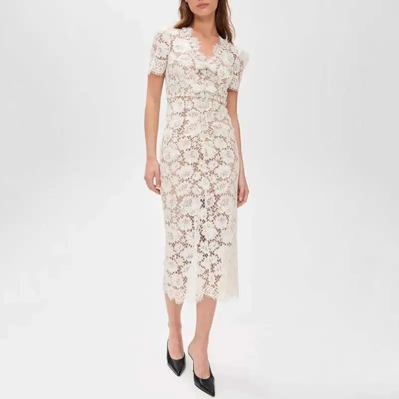 

[Vibe] Fashion Women's Elegant Lace Dress V Neck Short Sleeve Spliced Bow Slimming High Waist Dresses 2025 New Clothing