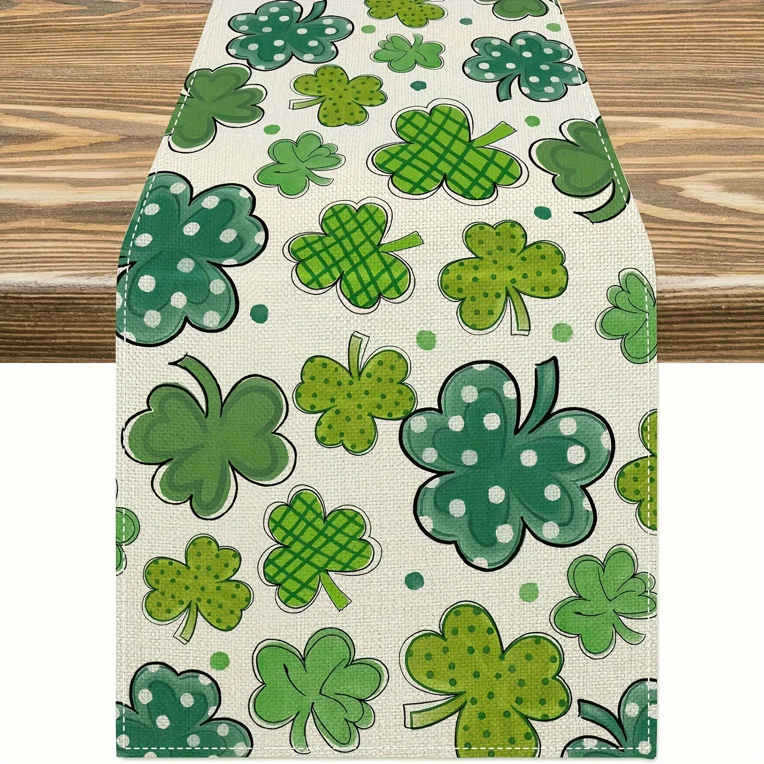 St. Patrick's Day Linen Table Runner - Lucky Green Shamrock ,  Farmhouse Indoor Outdoor Decor