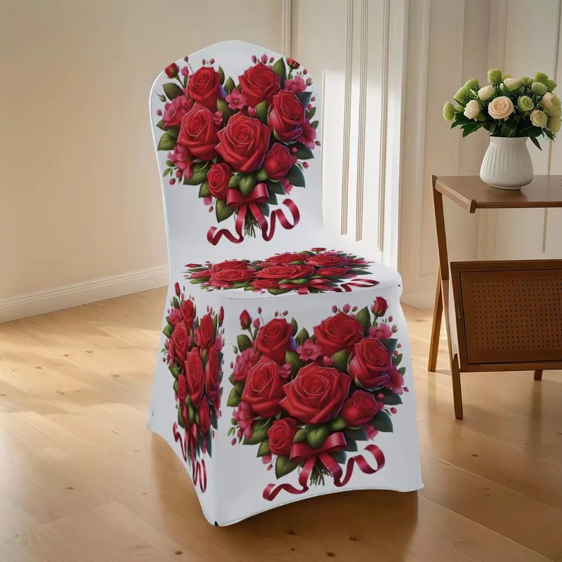 2026 New Red Rose Stretch Chair Cover Washable, Non-slip, Easy to Install Ideal for Weddings & Anniversarie