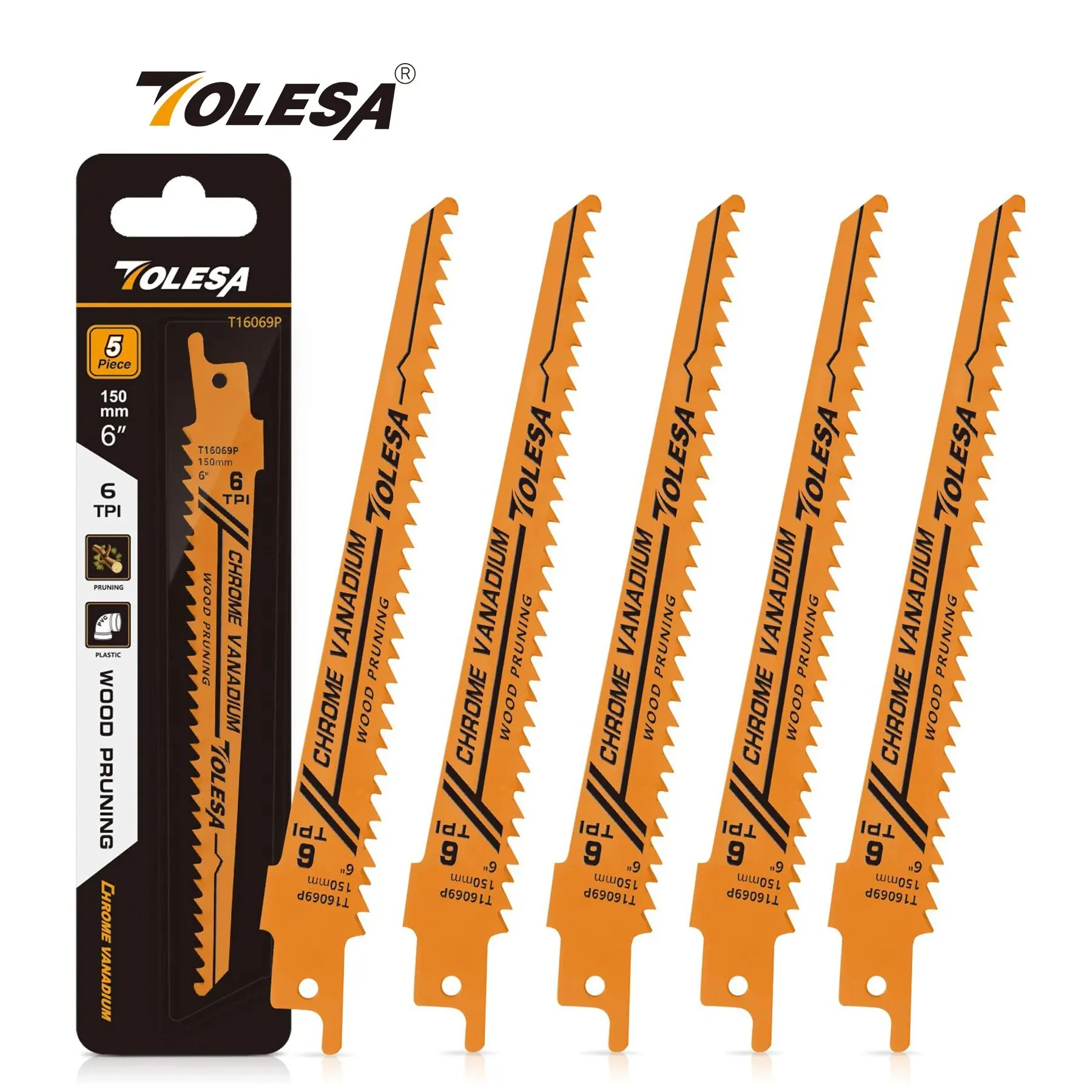 TOLESA 5PCS 6TPI 6 Inch Wood Pruning Reciprocating Saw Blades for Wood and PVC Pipe Cutting CRV Sharp Ground Teeth Sabre