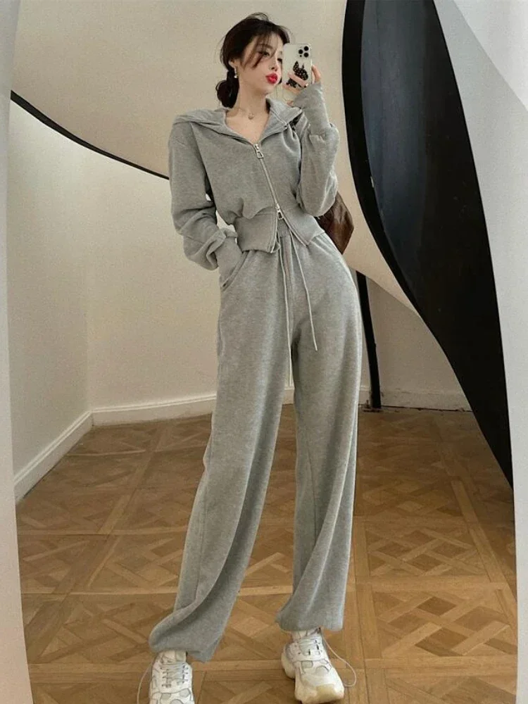 2023 Autumn Tracksuit Women Two Piece Set Korea Zip Up Hoodie Drawstring Sweatpants Casual Pants Solid Sportswear Female Suit