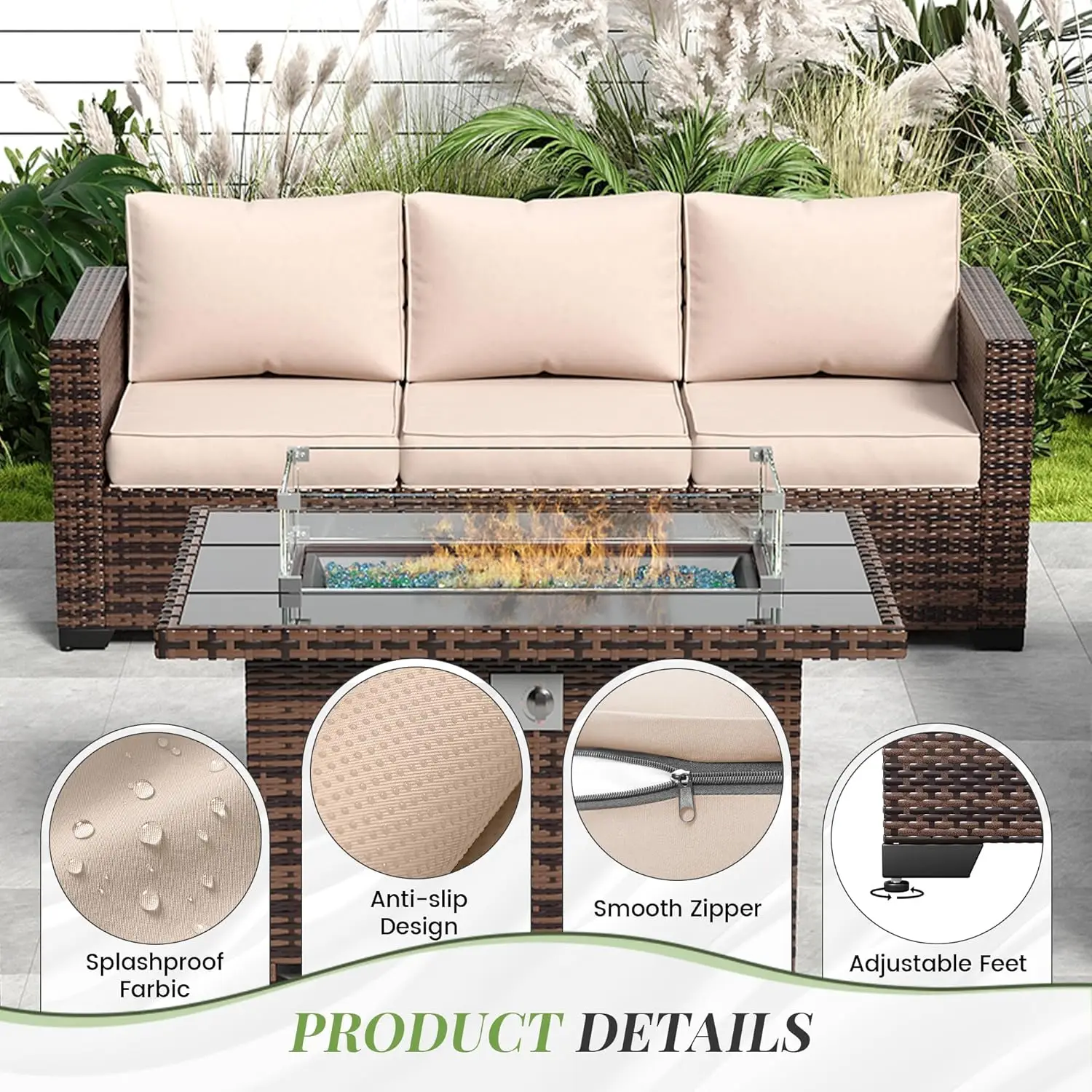 Patio Furniture Set with Fire Pit Table, 6 Pieces Outdoor Oversized Sectional Sofa Wicker Patio Armrest Couch,