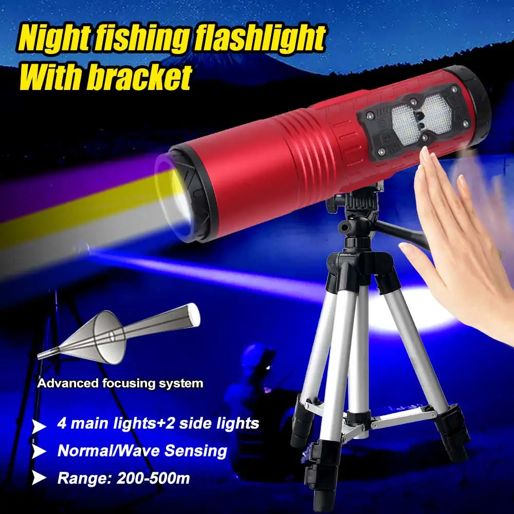 30W Super Bright Zoom Night Fishing Flashlight 5 Light Sources Blue UV White Yellow Red Light