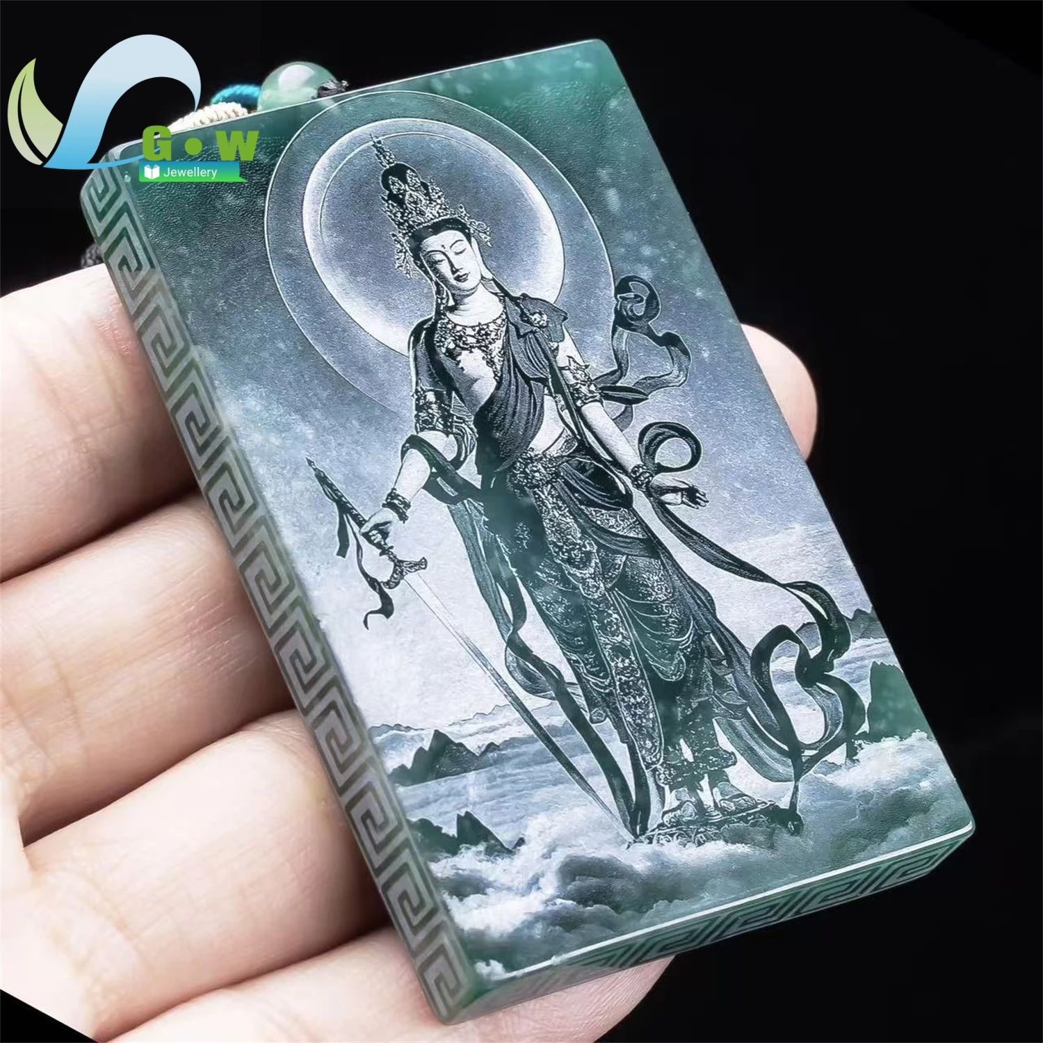 Natural A Grade Jadeite Blue Water Manjusri Pendant Double Sided Shadow Carving High Ice Hanging Ornament Unisex Gift