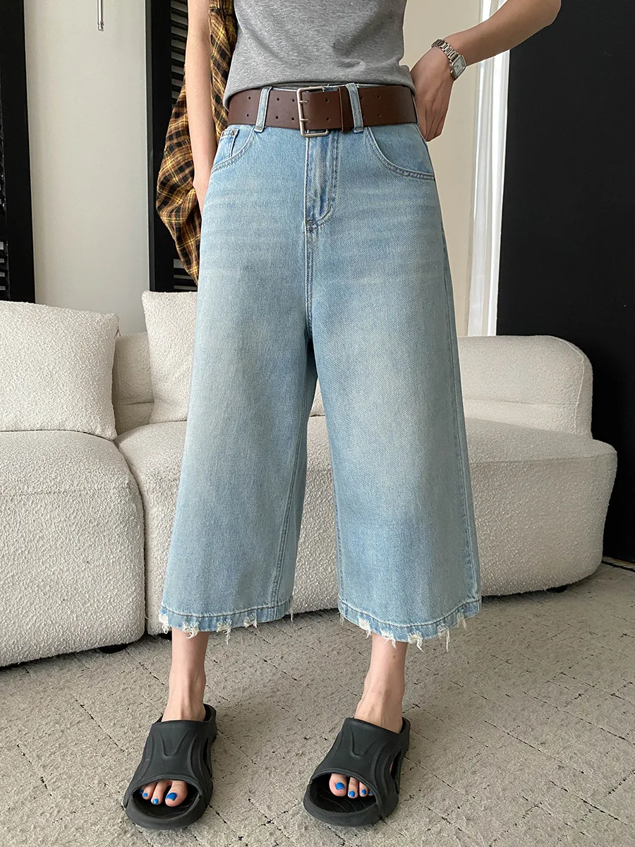 

Spring and summer women's casual solid color American retro vintage distressed design with high waist and wide leg jeans