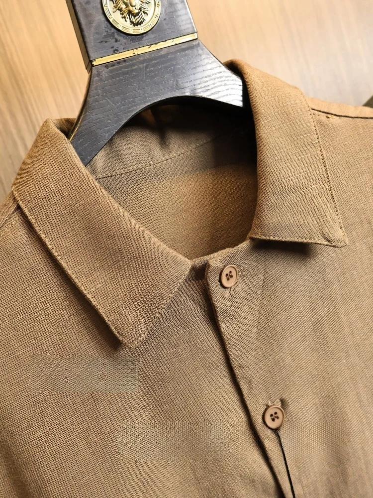 Natural Linen Men's Shirt Loose Fit Short Sleeve Fashionable Urban Style Breathable Comfortable Pure Color Turn-down Collar