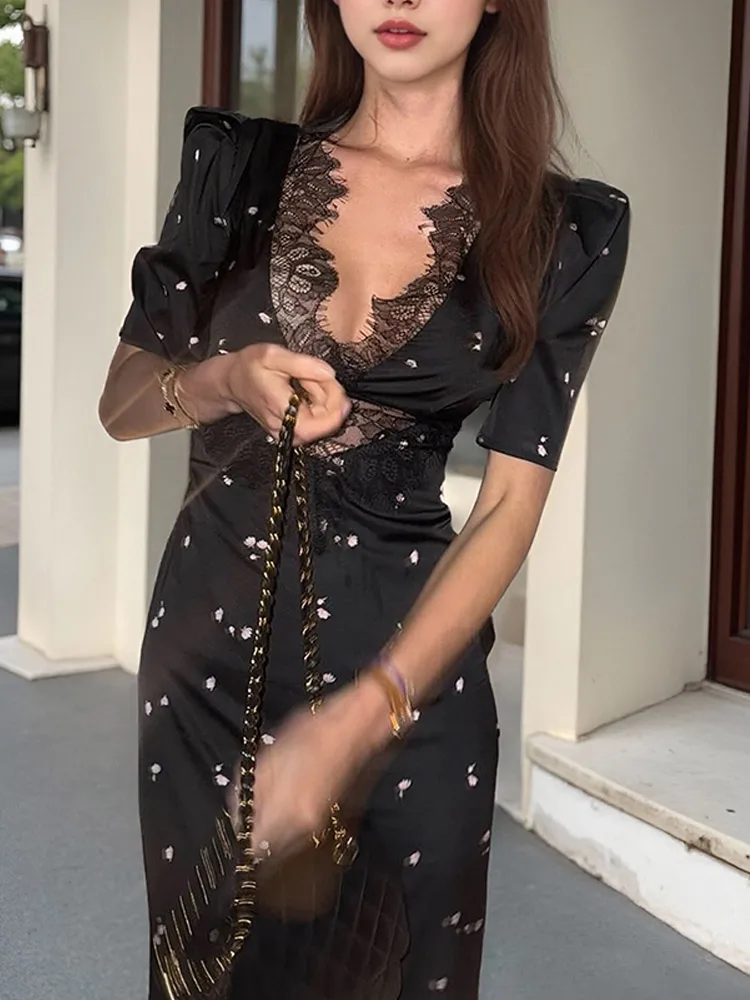 女性用レースVネックロングドレス、ファッショナブルなストラップレス、水玉模様、無地サテンローブ、レディースサマーパーティー、イブニングギャザリングドレス、2025