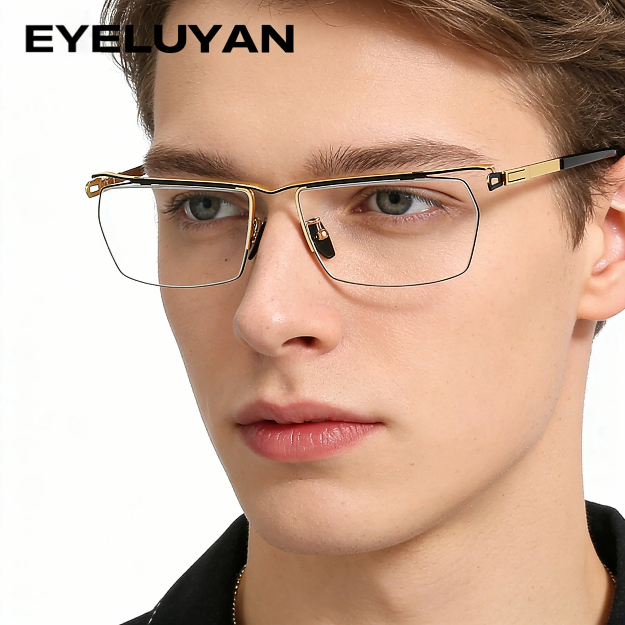 EYELUYAN Eyebrow Semi-Rimless Optical Prescription Glasses Men Titanium Fashion Myopia Corrective Glasses Progressive Eyewear