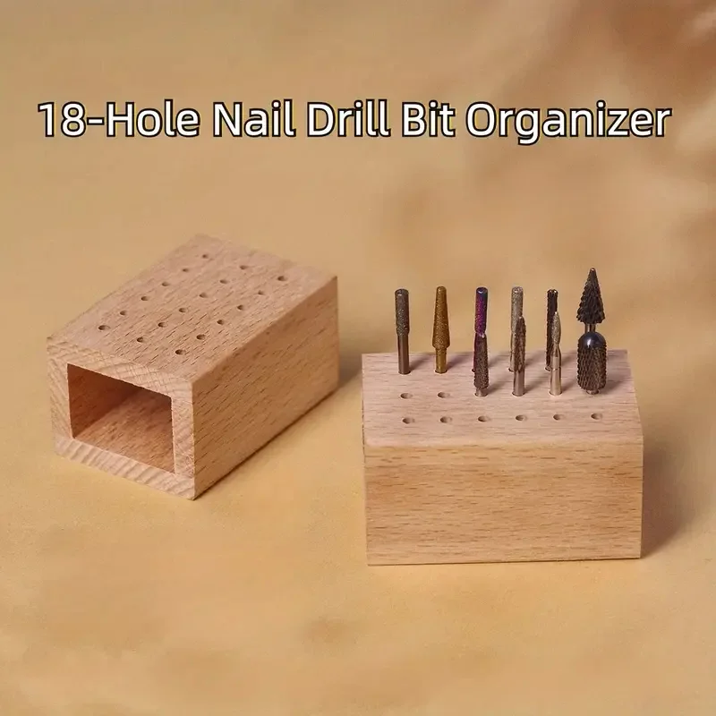 Soporte para brocas de madera para uñas, tablero de almacenamiento para cabezal de pulido de madera, organizador de cabezal de molienda de uñas, contenedor vacío, herramienta de manicura, 18 agujeros