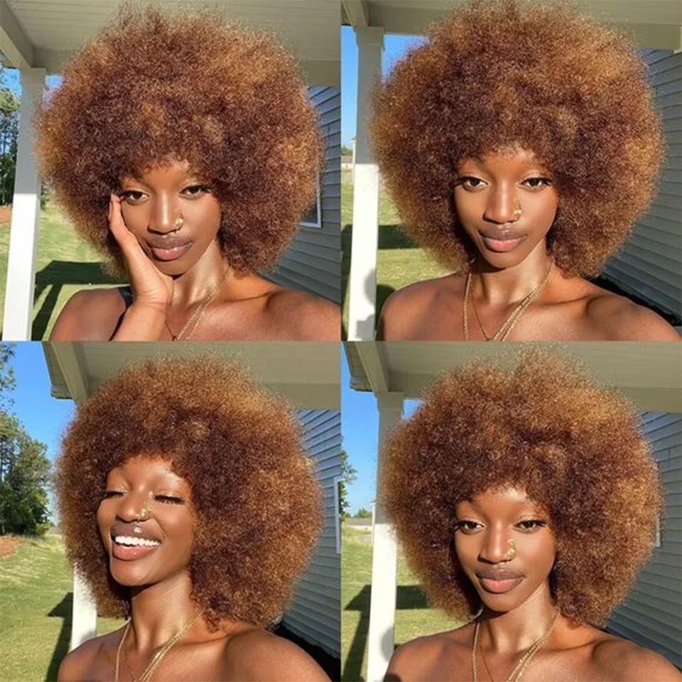 Short Afro Kinky Curly Wigs With Bangs For Women Fluffy Short Afro Curly Wigs Human Hair Wig 180% Density Full Machine Hair