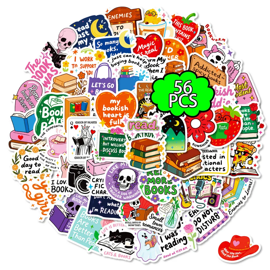 56Pcs Reading Book Themed Cartoon Text Stickers Full English Decals for Skateboard Guitar DIY Decor Golden Memory Stickers Store