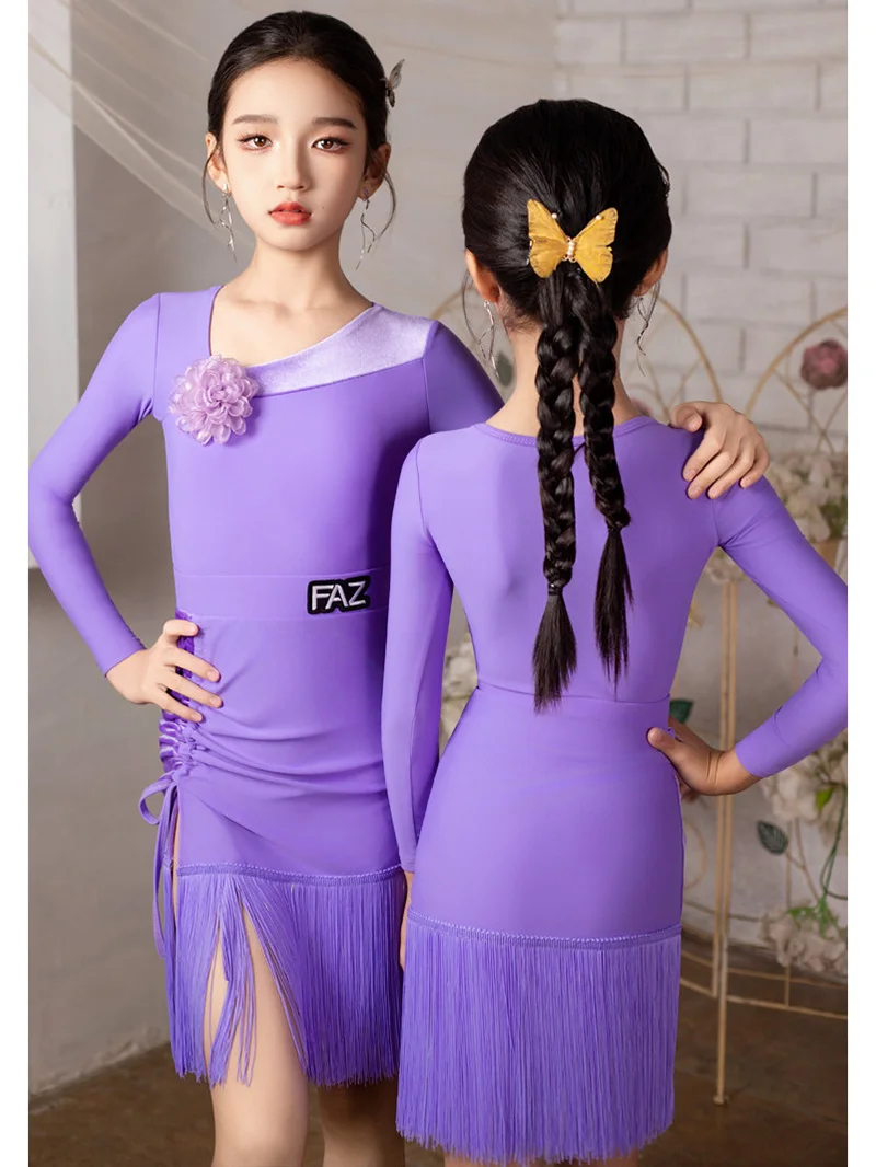 

Children's Flower Dancewear Practice Performance Long Sleeve Bodysuit Tassel Skirts Kids Girls Latin Dance Practice Dress