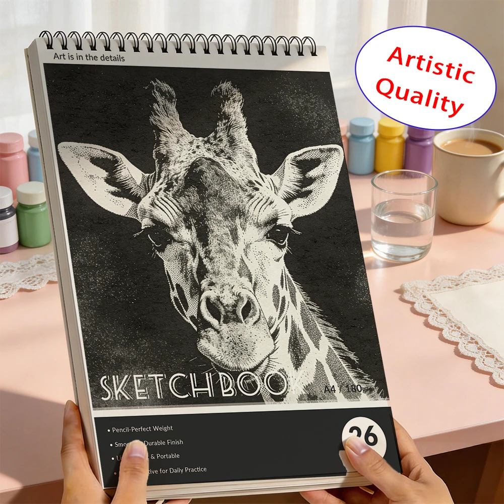 A4 & A5 Spiral Sketchbook 180gsm, Black & White Giraffe Halftone Cover, 26 Sheets Flip-Open Art Pad for Sketching, Back to Schoo