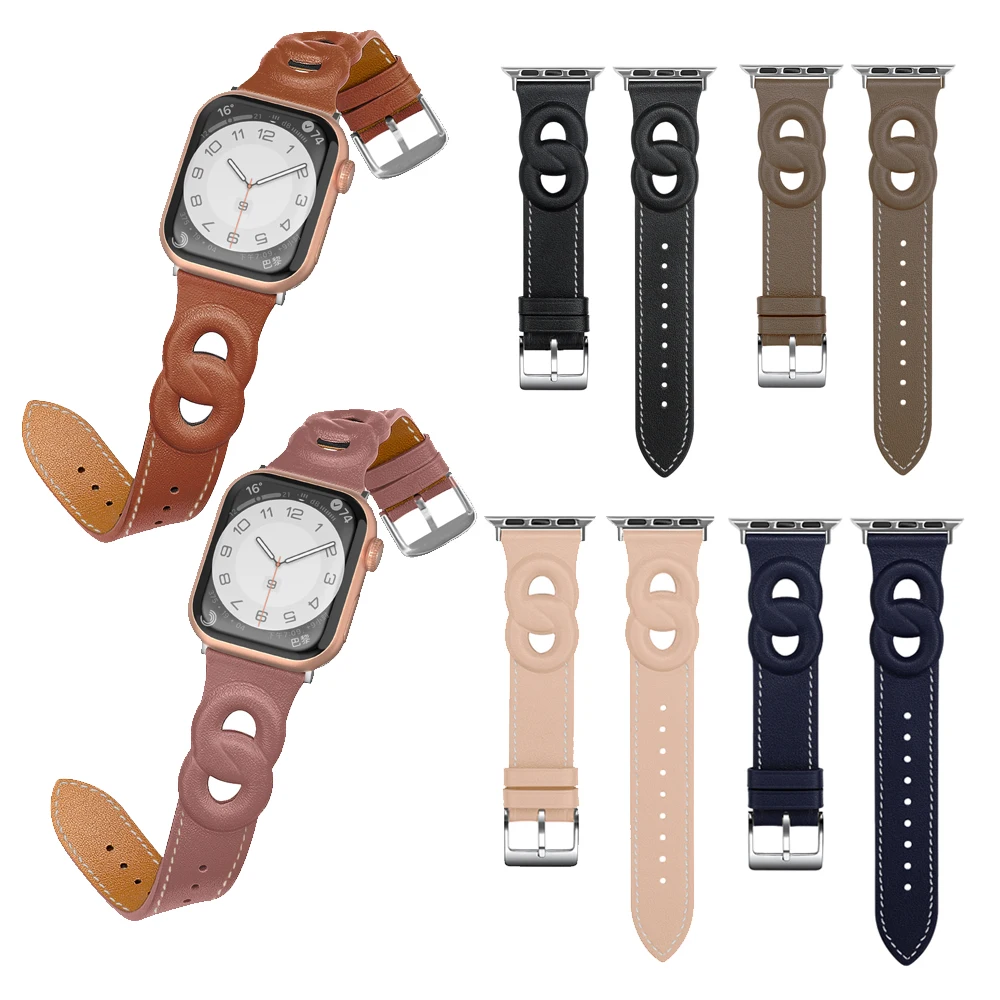 Tali Kulit Asli Lingkaran Ganda Elegan untuk Apple Watch Band 44Mm 40Mm 45Mm 41Mm 38Mm 42Mm IWatch 3 4 5 6 Se 7 Gelang