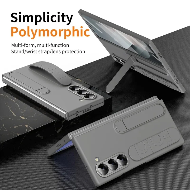

Wristband Foldable Stand Funda for Samsung Galaxy Z Fold 6 4 5 Fold7 5G Case Front Glass Lens Protection PC Plastic Cover Capa