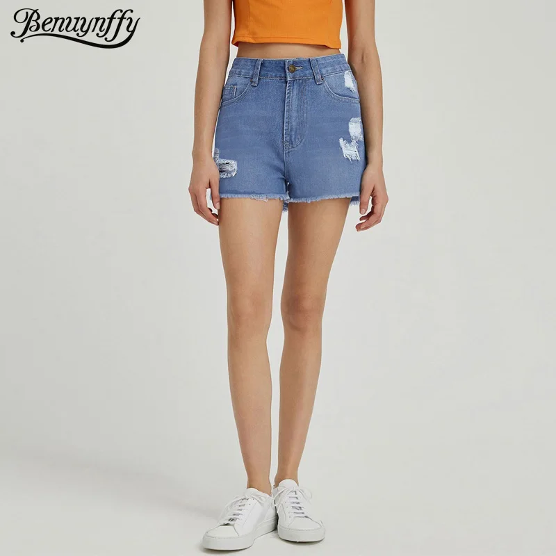 

Benuynffy Casual Fringed Hem Denim Shorts Women's Summer Streetwear Ripped High-waisted Fashion Loose Straight Jean Shorts