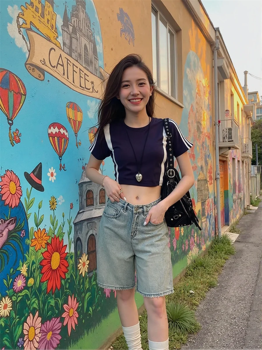 Pantaloncini da donna a vita alta vestibilità ampia streetwear Fine SLilo Culottes per bambini Personalità Colore giorno Costruisci rivettati