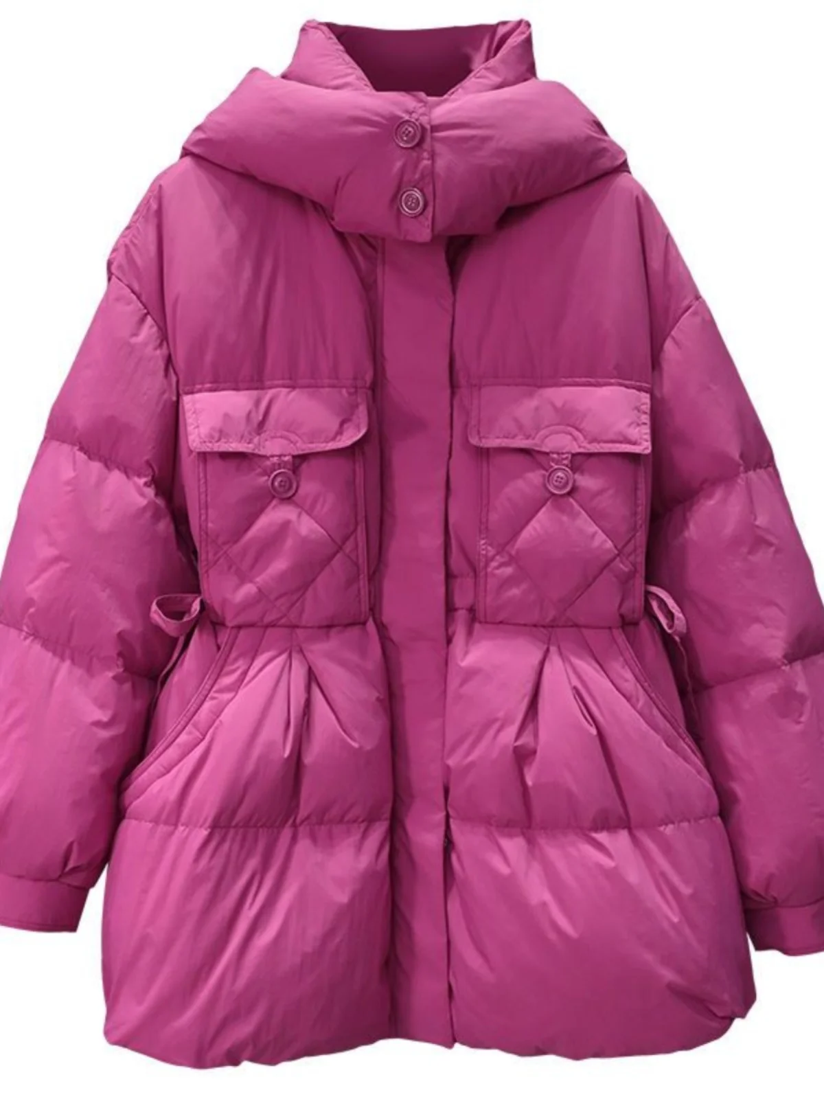 Fashionable Hooded down Cotton Jacket Women's Winter Mid-Length Thickened Warm Outerwear Drawstring Waist Pure Color Commute