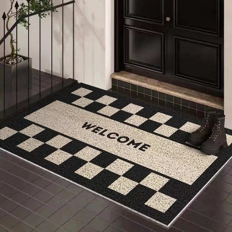 Classic Black-White Checkerboard Wire Loop Mat Easy-Clean Waterproof Heavy-Duty Mat for Home Entryway Kitchen Balcony