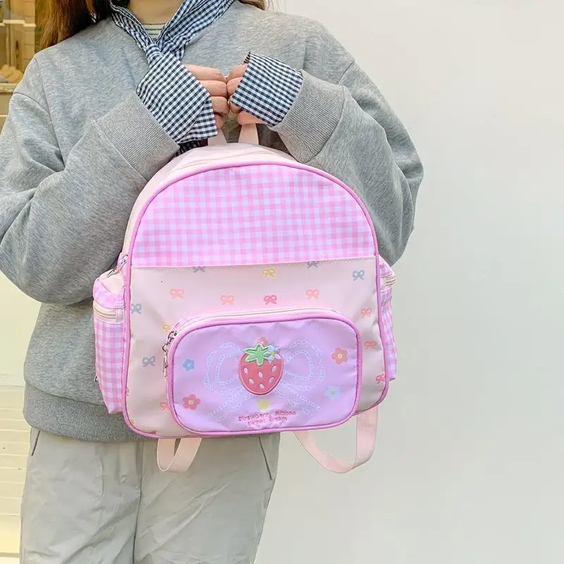 Cute Strawberry  Knot Print  Backpack Casual Travel Shoulder Bag Checks Pattern Double Sided Canvas Backpack