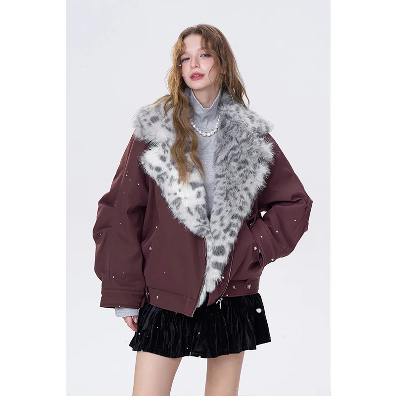 ELFSACK Y2K Lässiger warmer Mantel mit gepunktetem Plüschkragen für Damen