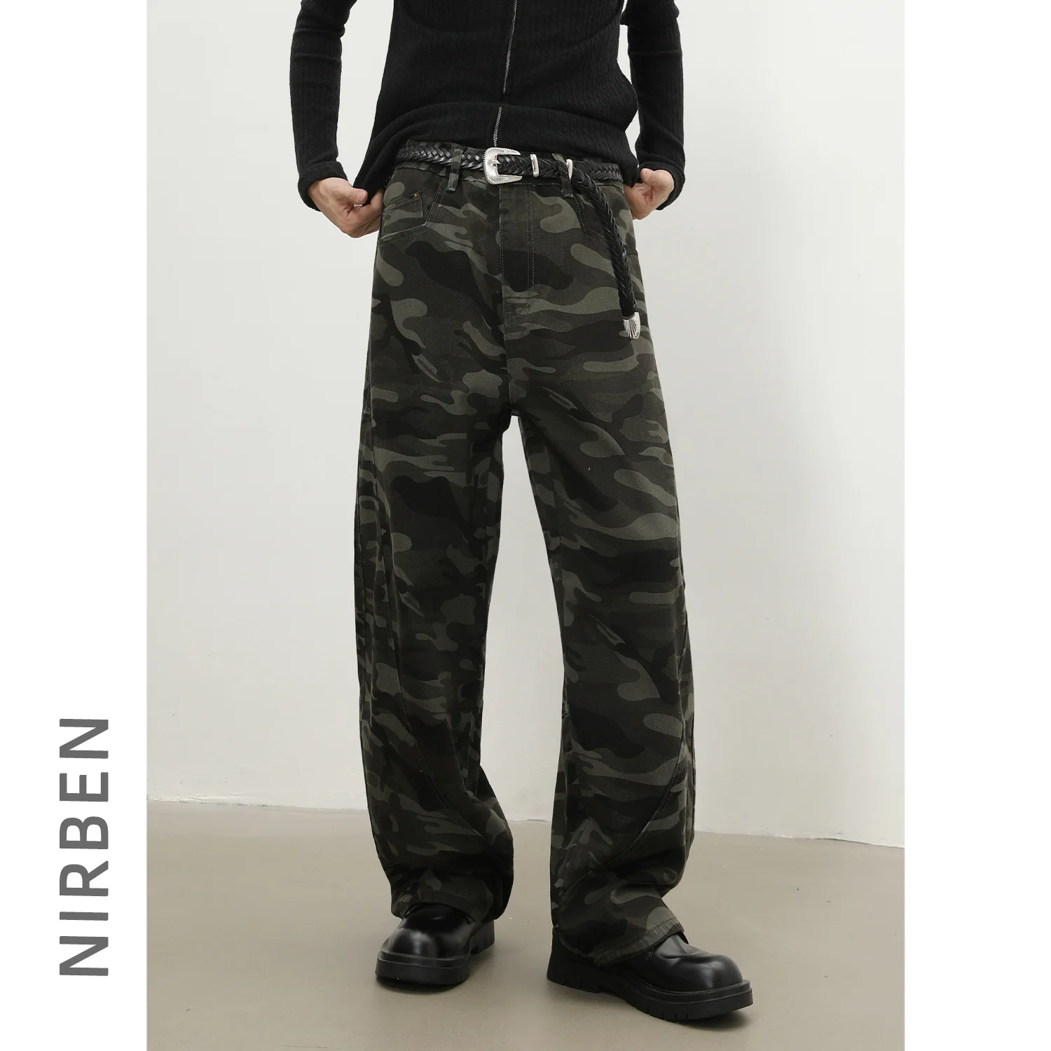 Denim, Vintage High Street Camouflage Splicing Straight Jeans Men's Casual Pants