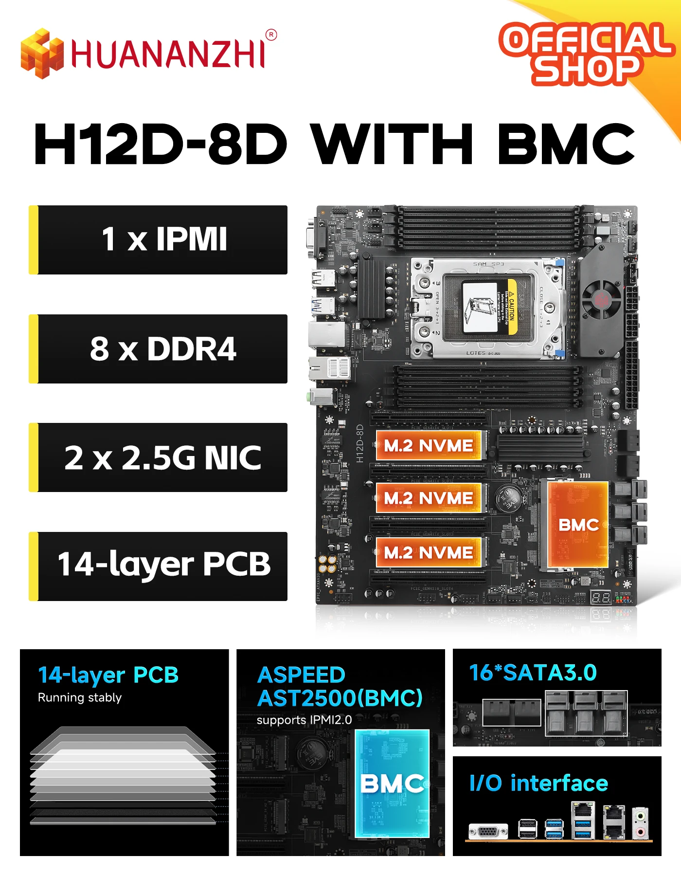 

Материнская плата HUANANZHI H12D 8D AMD с модулем BMC поддерживает процессор AMD EPYC 7002 7003, 8-канальная память, двойная сеть 2,5G, IPMI