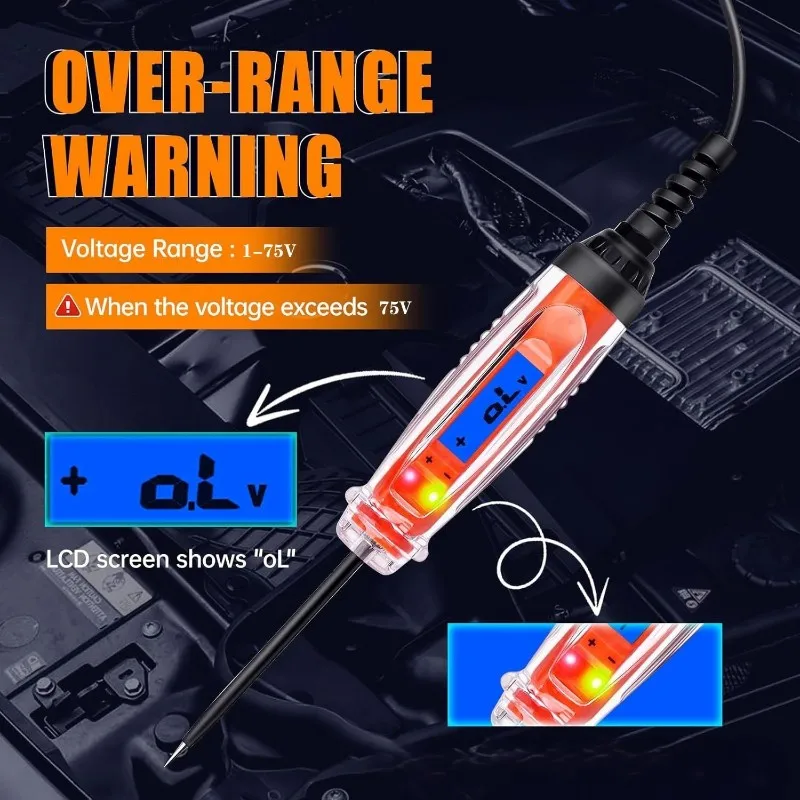 Automotive Test Light With LCD Digital Power Circuit Probe Tester, DC Voltage Display& Illumination Functionality