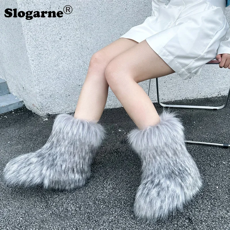 Faux Raccoon Fur Boots Women Y2K Fluffy Mid-calf Boots Winter Ladies Fashion Fox Fur Snow Boots Warm 3CM Platform Cotton Shoes