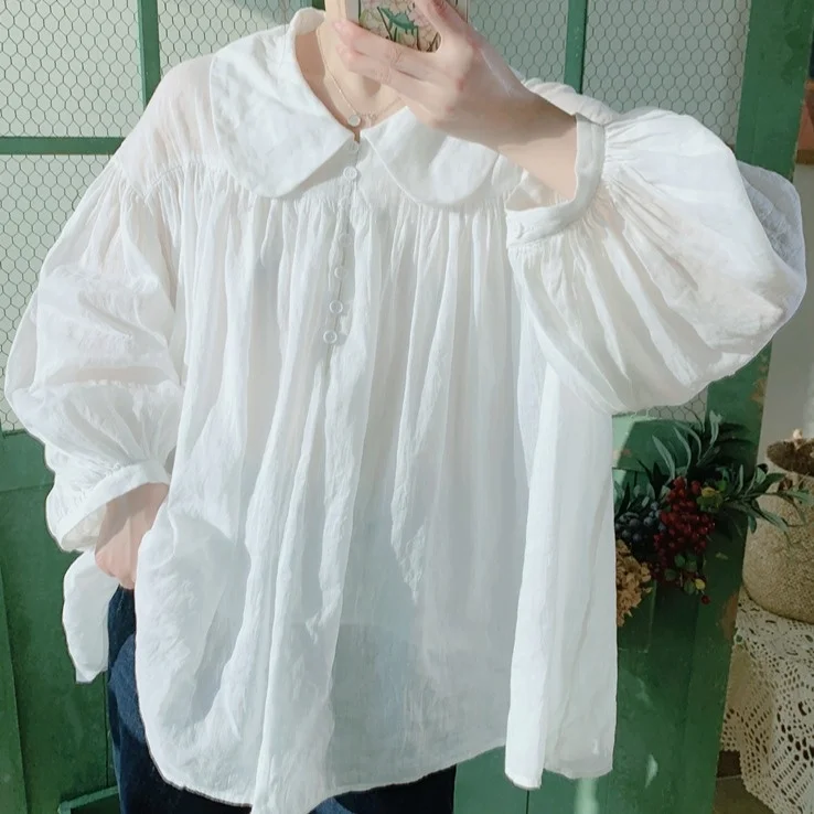 

Ele Japanese Sle Cotton Linen Long Sve Doll Collar Women's irt Vintage Lantern Sve Chiffon Top Spring Autumn
