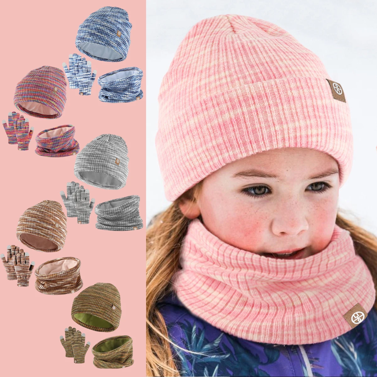 Set aus Mützen, Schals und Handschuhen, Wintermütze, mit Fleece gefüttert, warme Thermo-Bommelmütze, Touchscreen-Handschuhe, Schal, 3-in-1-Set für