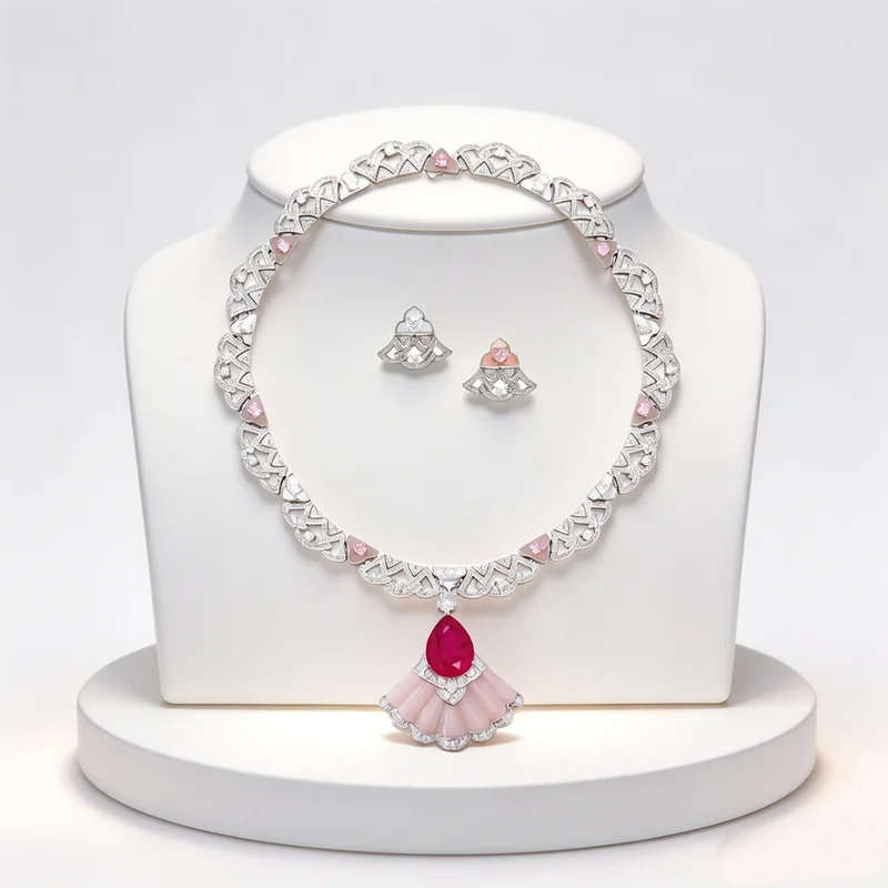 Vintage Style Party Jewelry Sets Women Lady Inlay Cubic Zircon Pink Mother of Pearl Fan-Shaped Pendant Fine Necklace Earrings