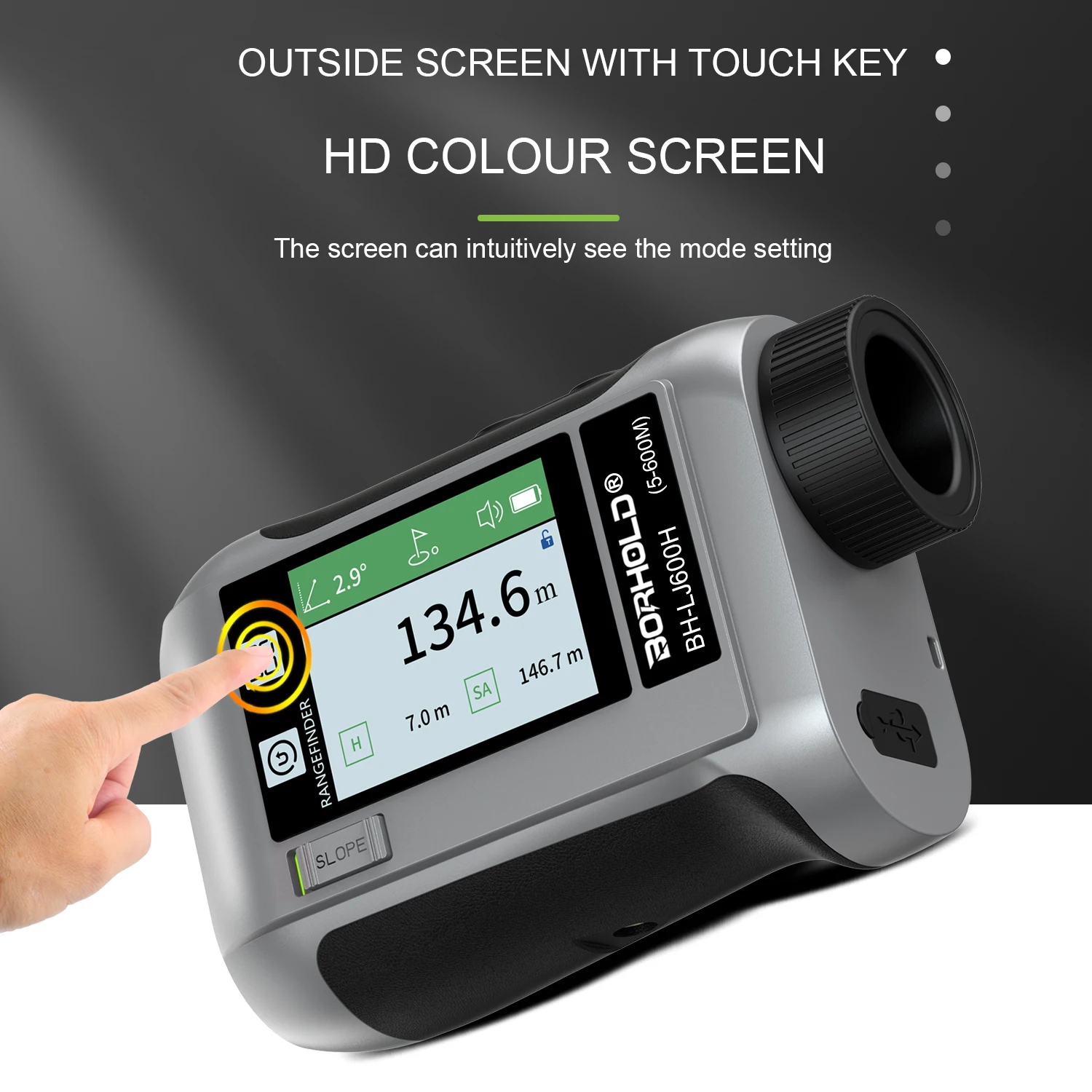 Golf Laser Rangefinder Side Color Screen Voice Touch Lithium Battery 6.5X Magnification IP54 Protection 905nm Laser 90 Angle