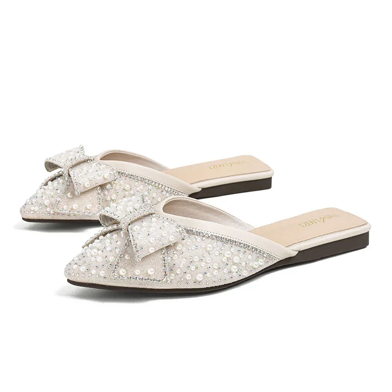 Luxe Dames Zomer Outwear 2024 Nieuwe Platte Bodem Casual Slippers Water Diamant Luie Man Baotou Groot Formaat Cool Slippers 43