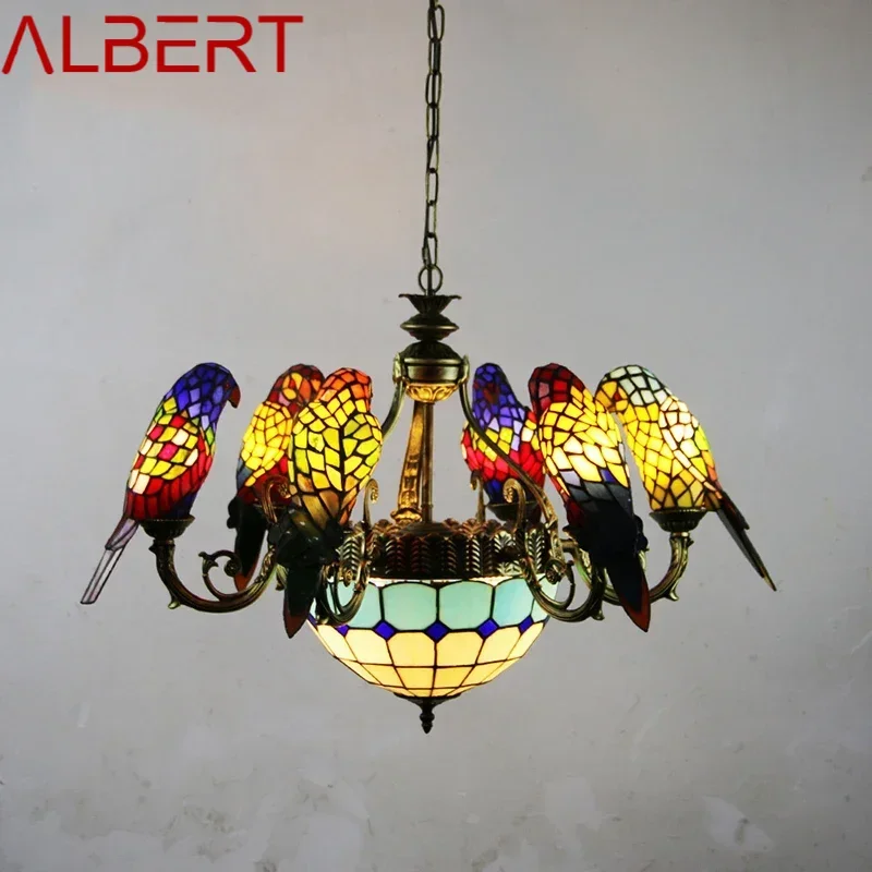 ALBERT Tiffany Parrot Chandelier LED Vintage Creative Color Glass Pendant Lamp Decor for Home Living Room Bedroom Hotel