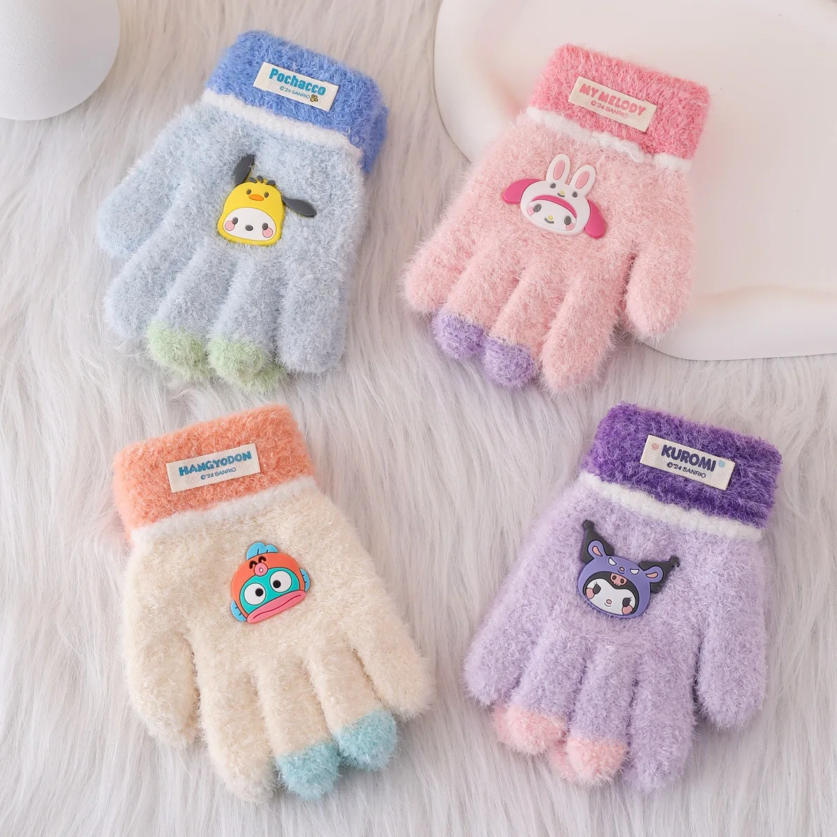 

Sanrio children's gloves cartoon kuromi five fingers wool knitted gloves cute winter warm mink velvet anti-pilling gloves