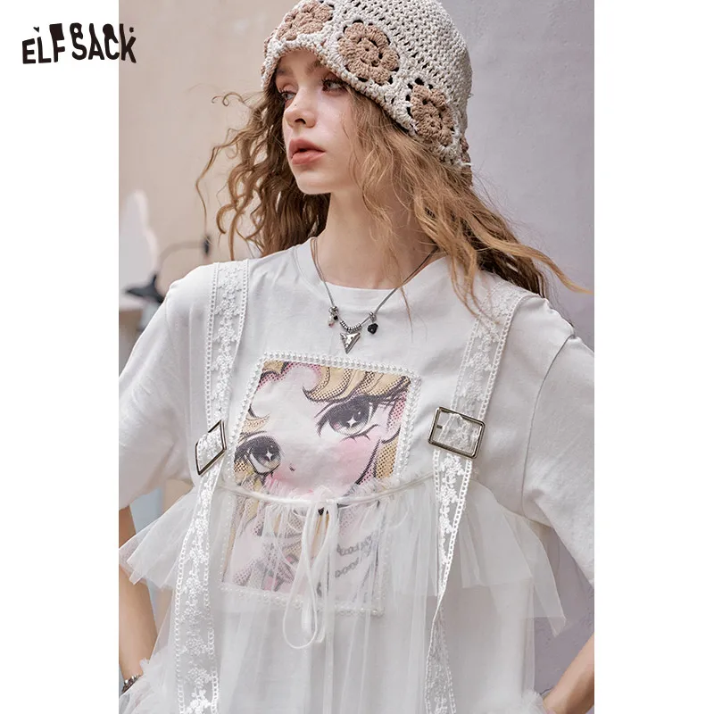 ELFSACK 2025夏新作 スイートクールプリンセスドレスセット メッシュスプライシングプリントTシャツ レディースロングドレス ツーピース