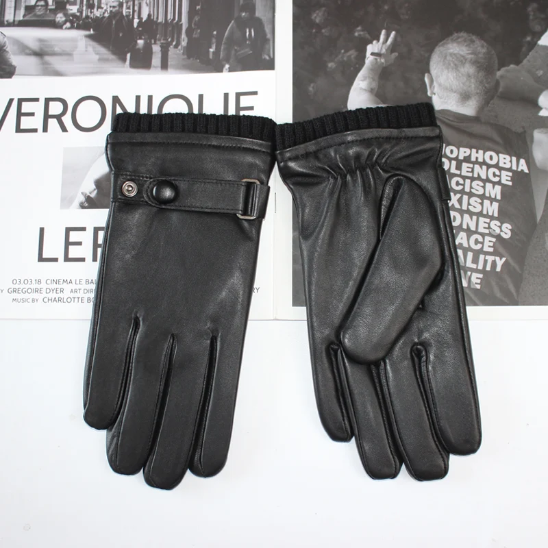 Nuevos guantes de piel de oveja para hombre, estilo de otoño con botones, pantalla táctil, forro polar cálido, guantes de cuero para conducir para