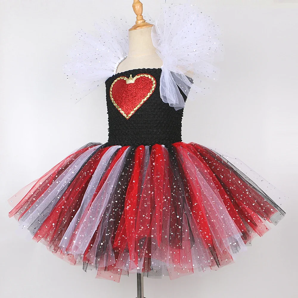 Glitter Red Queen of Hearts Costume for Girls Halloween Carnival Party Clothes Wonderland Cosplay Kids Fancy Tutu Princess Dress