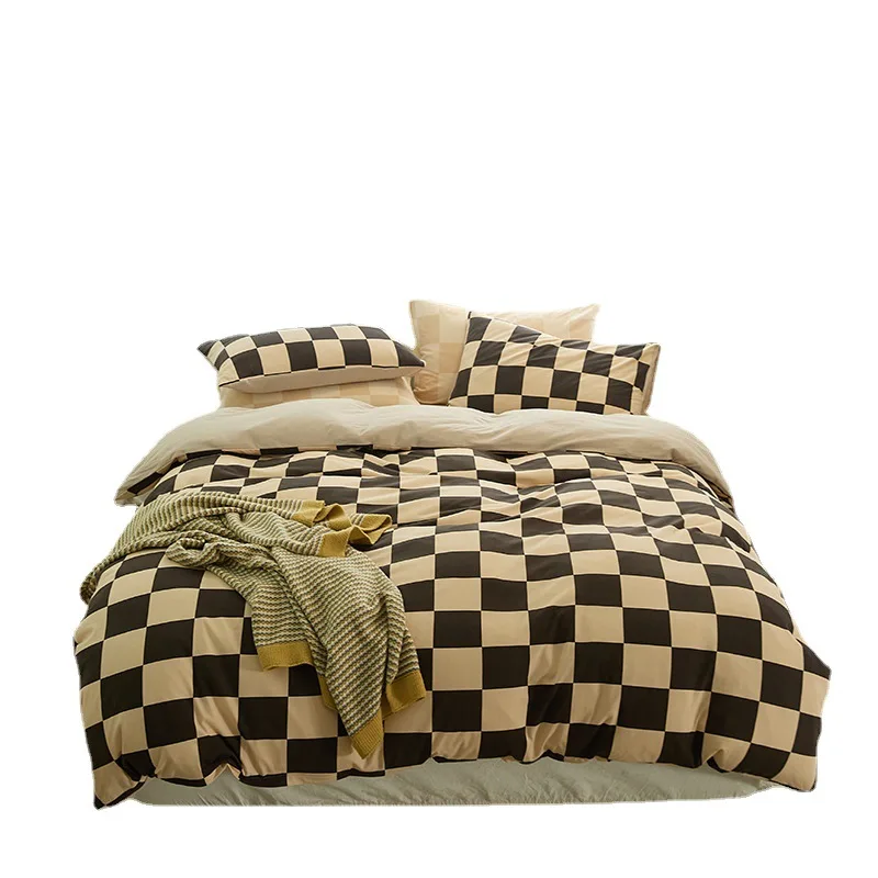 Plaid Series Pure Cotton Four Piece Set, Washed Knitted Cotton Bedding, Quilt Cover, Bed Sheet, Double-sided Cotton