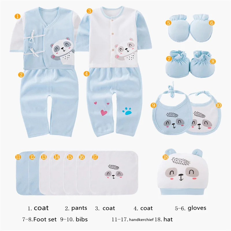 18piece/set Newborn Baby Clothes For Girls Boys Pants Sets Cotton Spring Autumn Soft Infant Boy Clothing New born Print Hat Bibs