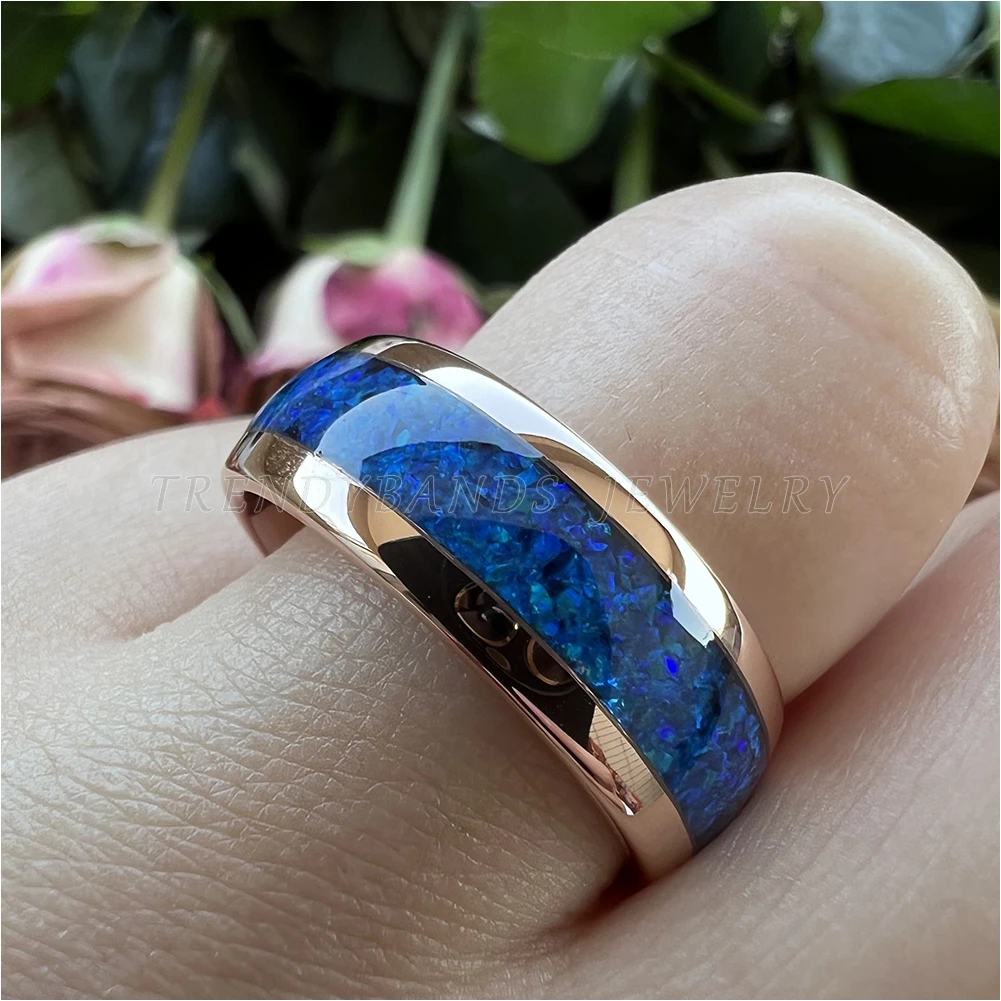 6 mm 8 mm Ringe für Männer und Frauen, Wolfram-Ehering, Modeschmuck, blaue Opal-Inlay, gewölbt, poliert, glänzend, bequeme Passform – Detail 10