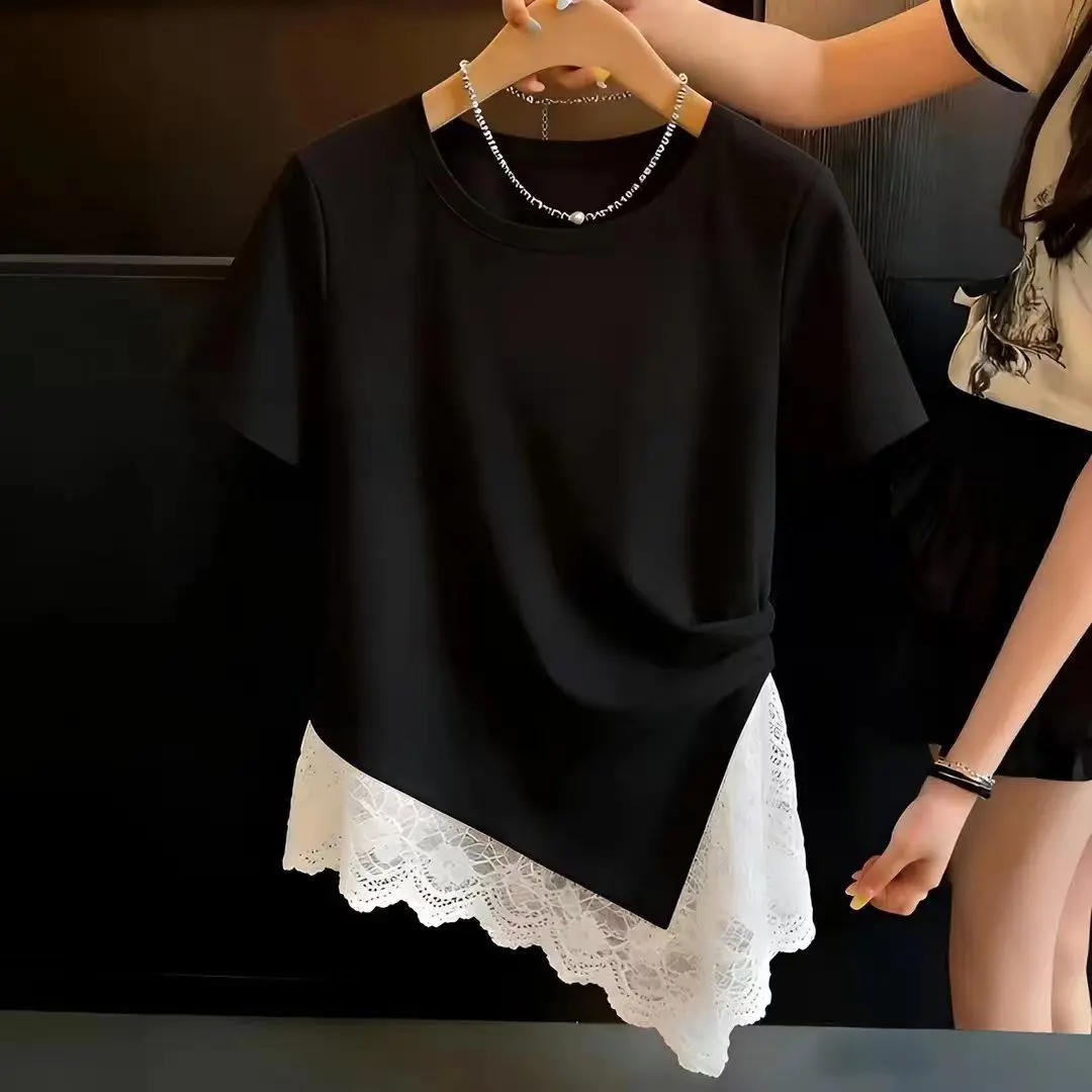Ruffle Hem Lace Patchwork Short Sleeve Women's Summer Slimming Top Youthful Korean Style  Color round Neck T-shirt