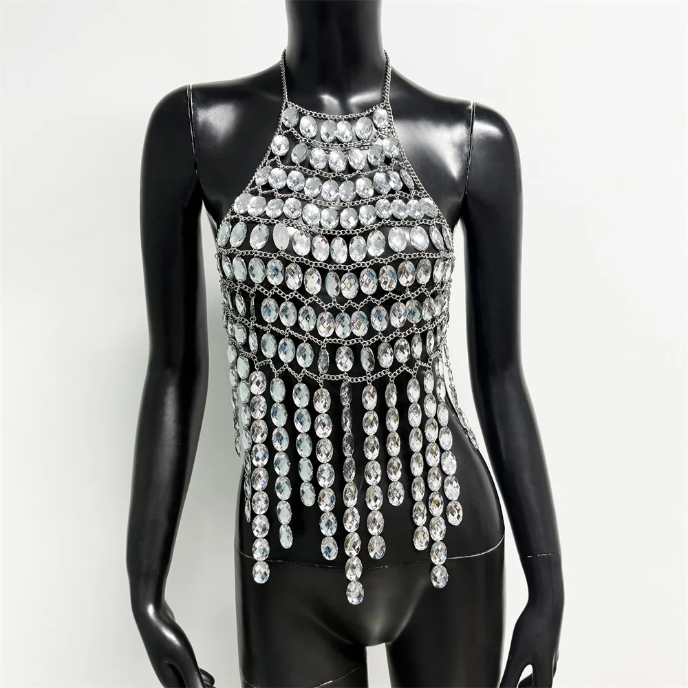 Layered Metal Chain Bra Tank Top with Oval Crystals Women Boho Dance Clubwear Festival Rave Party Y2K Fashion Trendy Camisole