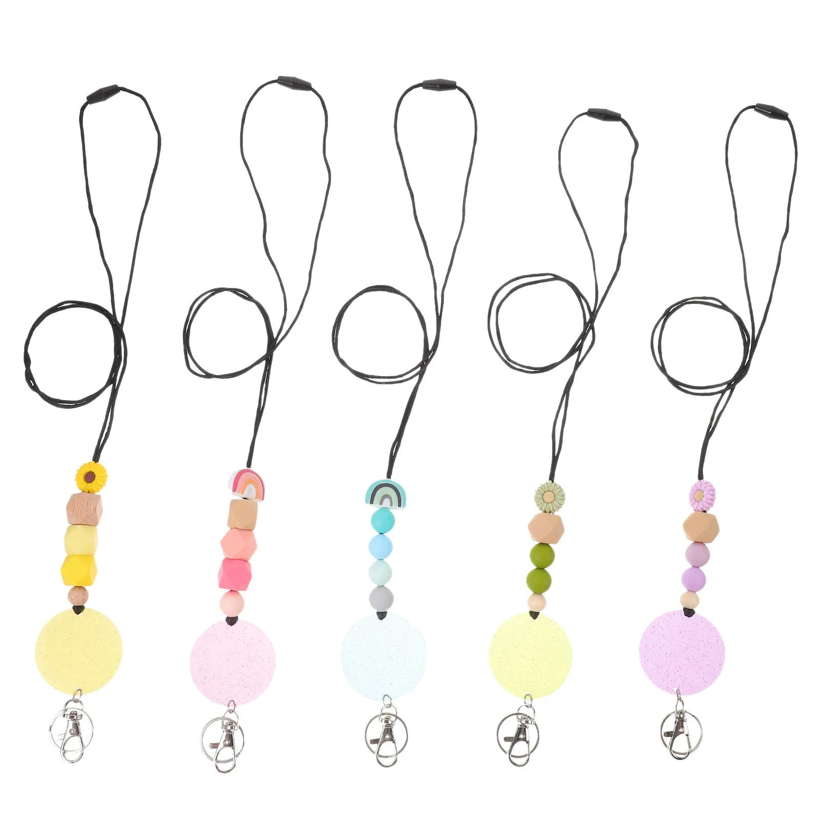 5Pcs Silicone Bead Adjustable Lanyard with Key Ring Lightweight Comfortable Id Card Lanyard for Office School Home Travel Multi