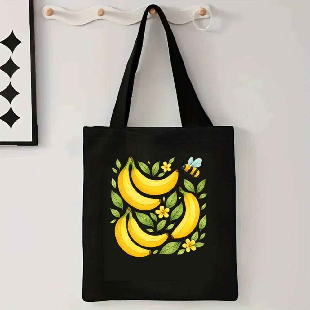 Banana Bee Floral Leaf Print Canvas Tote Bag Reusable Shopping Handbag Fruit Plant Casual Shoulder Daily Gift Bag