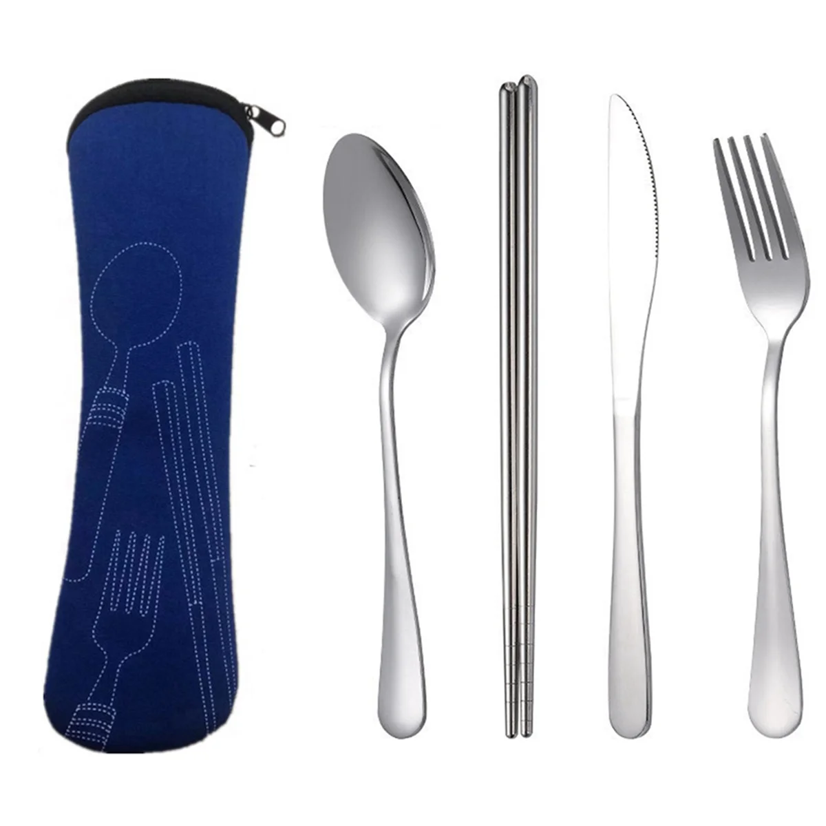 4Pcs Set Dinnerware Portable Stainless Steel Spoon Fork Steak Knife Set Travel Cutlery Tableware with Bag Dark Blue