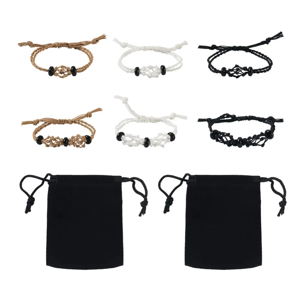 

6pcs Waxed Polyester Cord Macrame Pouch Adjustable Braided Bracelet with Stone Beads Black Rectangle Velvet Pouches Jewelry Gift